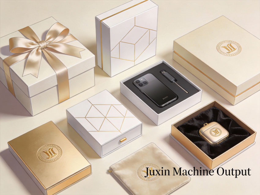 Assortment of professionally packaged gift boxes, electronics packaging, and luxury items showcasing Juxin machine output