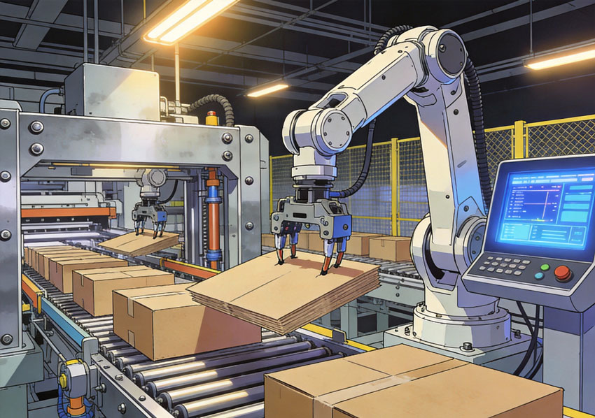 Detailed view of precision box making machinery with robotic arms handling cardboard materials in a modern factory setting