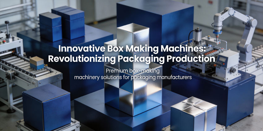 Modern automated box production line with robotic arms handling precision packaging materials in Juxin Machinery factory setting