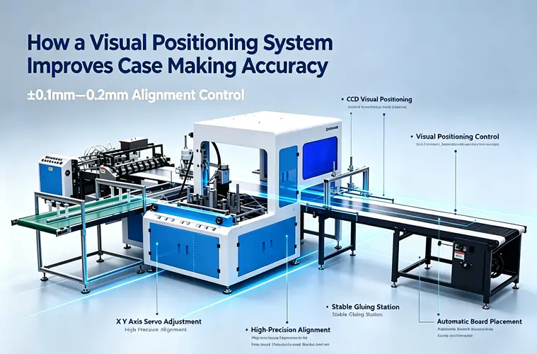 Camera-guided visual positioning device that reduces misalignment defects in hardcover book and gift box manufacturing