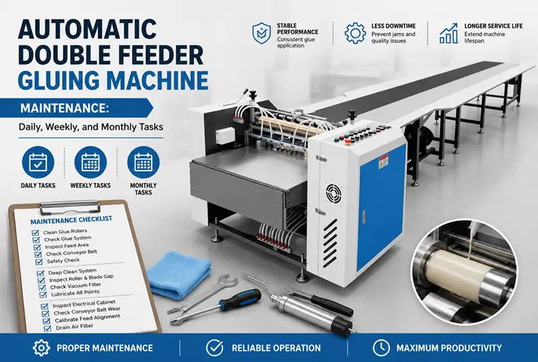 Glue roller and feed system maintenance on automatic double feeder gluing machine including cleaning residue, checking coating uniformity, and ensuring stable sheet feeding performance.