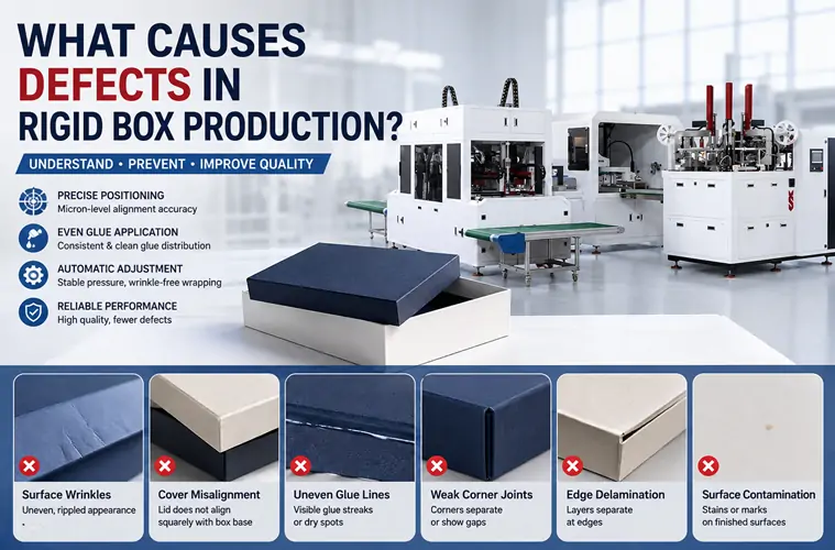 Automatic rigid box production machine used to reduce wrapping wrinkles, positioning errors and glue application defects