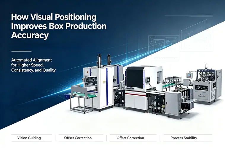 Rigid box production machine with visual positioning system for accurate material registration