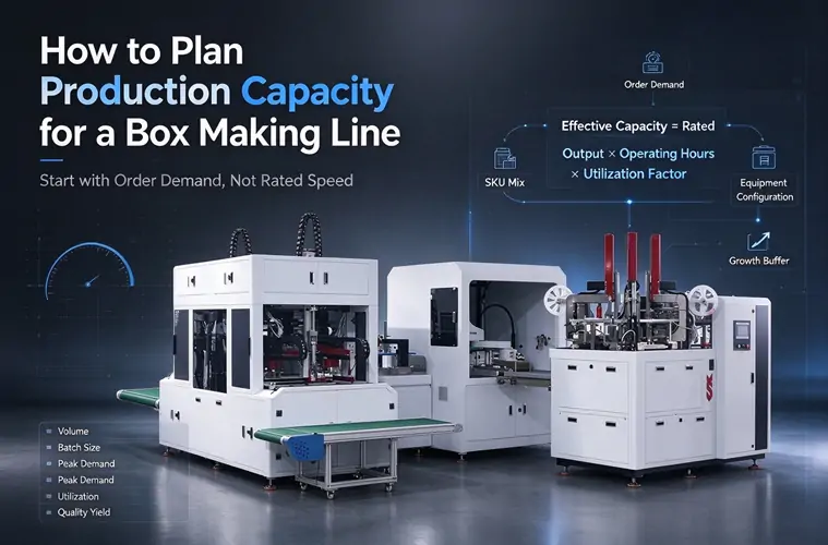 Box making line capacity planning, utilization factor, changeover time, SKU mix and growth buffer