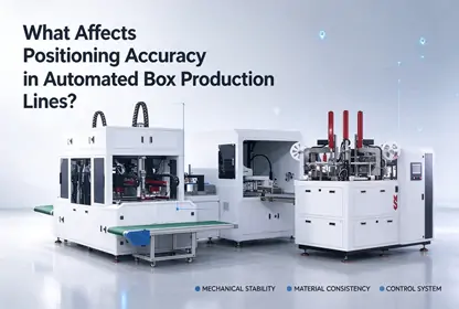 Article cover about positioning accuracy in automated box production lines, featuring an intelligent rigid box making machine line with clean industrial technology styling and key factors: mechanical stability, material consistency and control system performance