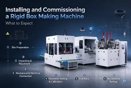 Installing and commissioning a rigid box making machine, site preparation, parameter setting, trial runs and acceptance testing