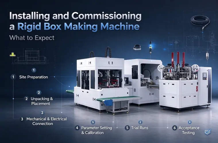 Rigid box making machine installation process, mechanical and electrical connection, calibration and trial run